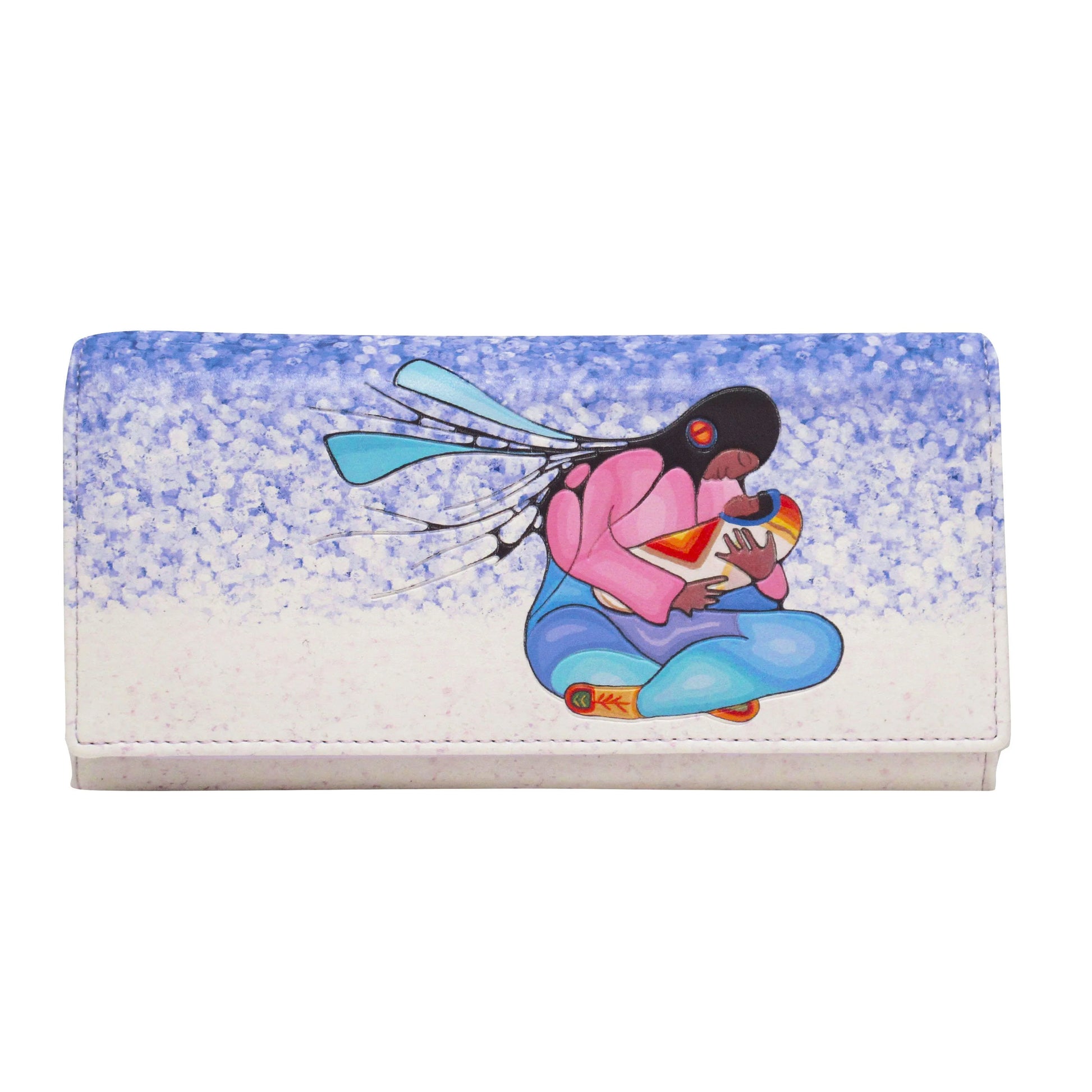 Colorful wallet with a cartoon character design on a white background