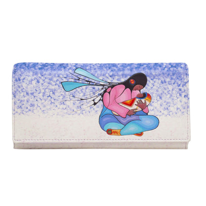 Colorful wallet with a cartoon character design on a white background