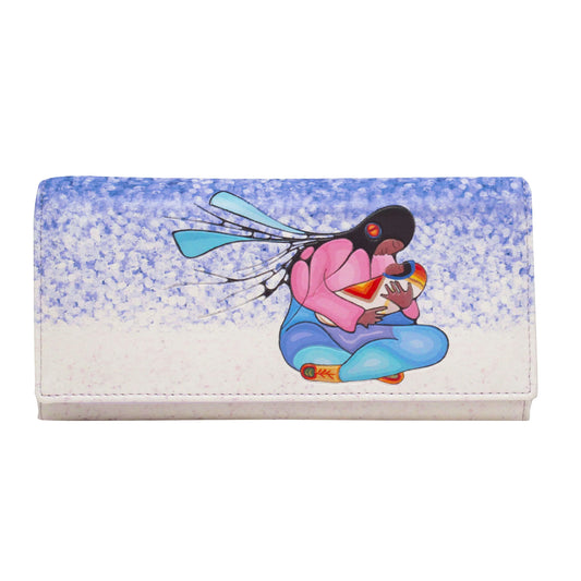 Colorful wallet with a cartoon character design on a white background