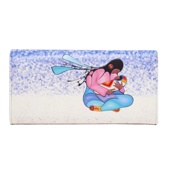 Colorful wallet with a cartoon character holding a fish on a blue and white patterned background