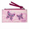 Pink wallet with butterfly design and purple strap on a white background