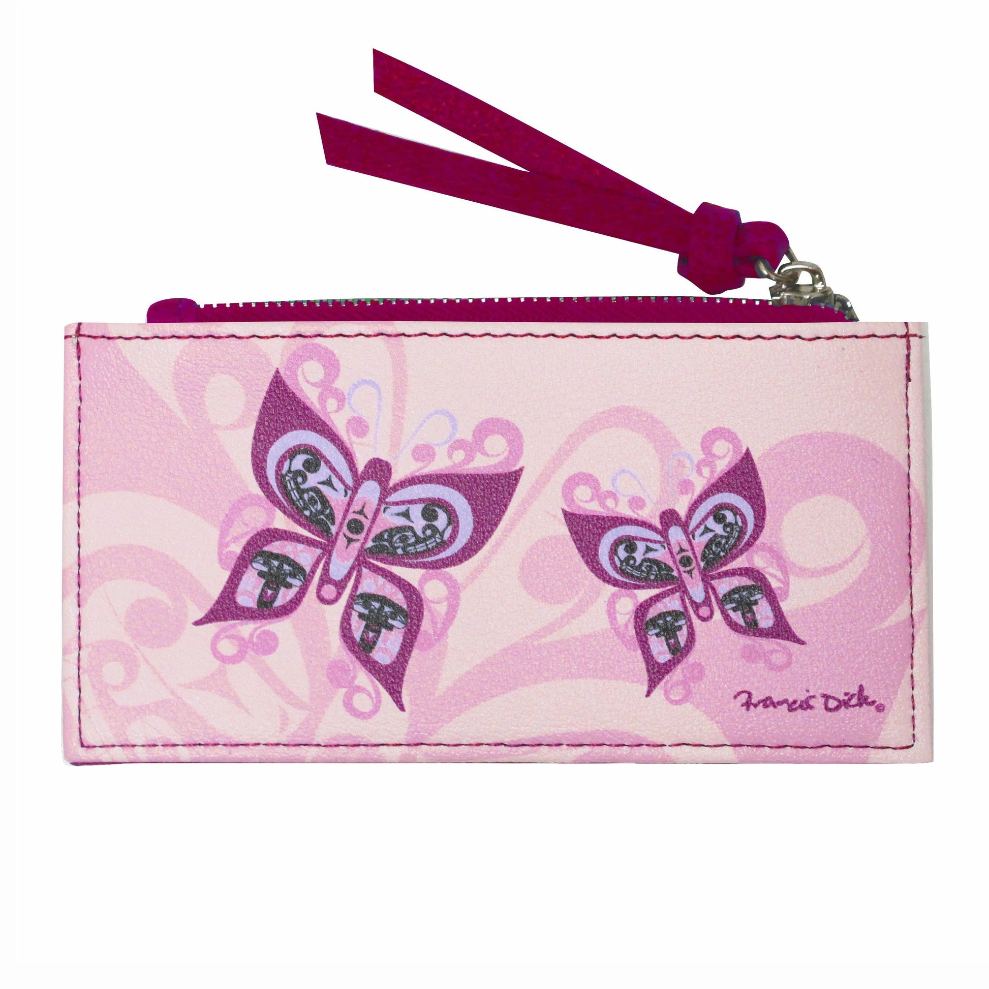 Pink wallet with butterfly design and purple strap on a white background