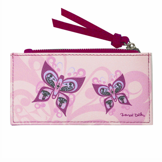 Pink wallet with butterfly design and purple strap on a white background