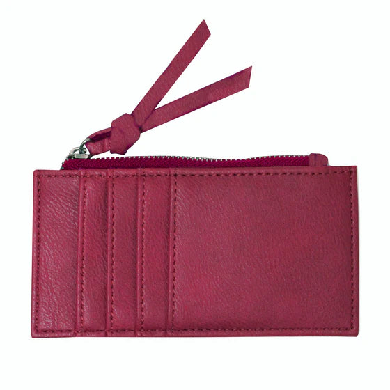 Pink leather wallet with a zipper on a white background
