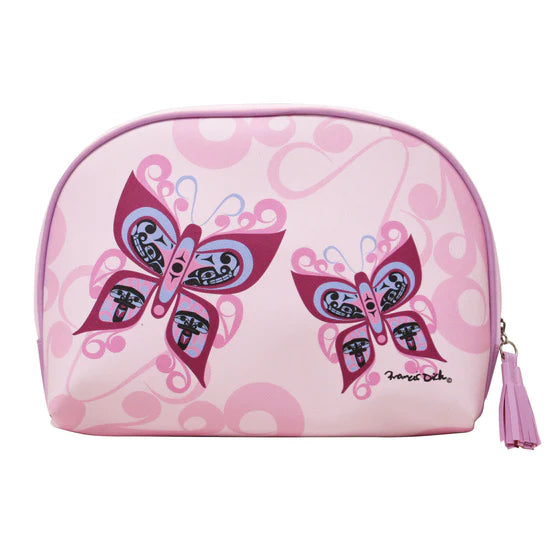 Pink cosmetic bag with butterfly designs on a white background