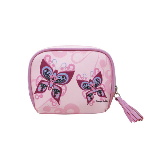Pink pouch with butterfly design on a white background