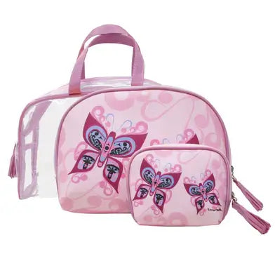 Celebration of Life Cosmetic Bag Set featuring butterfly designs, includes large and small bags for travel and storage.