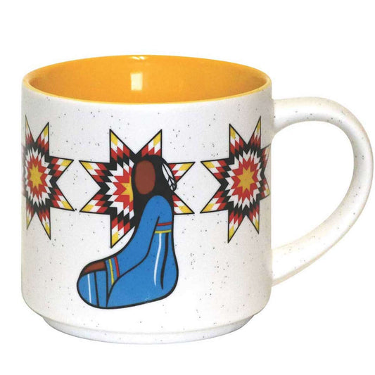 Ceramic coffee mug featuring Her Ribbon Dress Indigenous artwork, unique gift