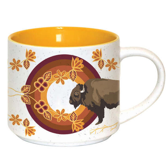 Ceramic Mug - Buffaloes - MashkodeBiizhikina featuring Indigenous art by Storm Angeconeb with yellow interior.