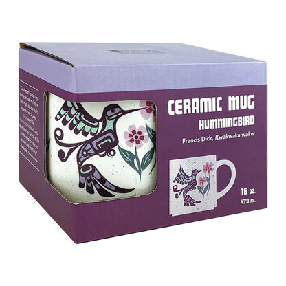 Ceramic mug with hummingbird design in packaging on a white background