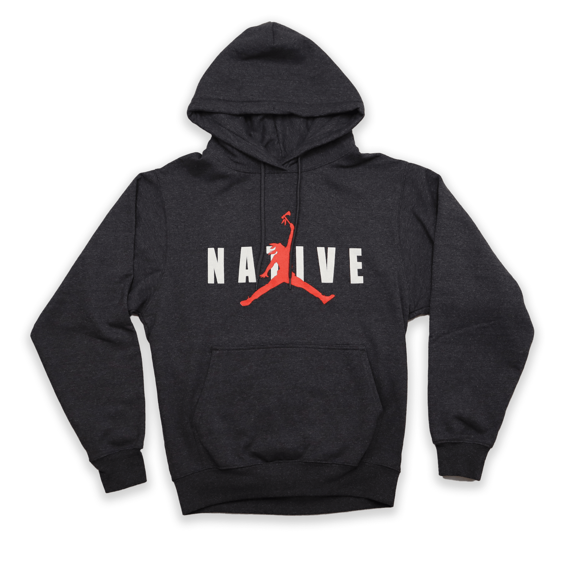 Black hoodie with a red and white logo on a white background