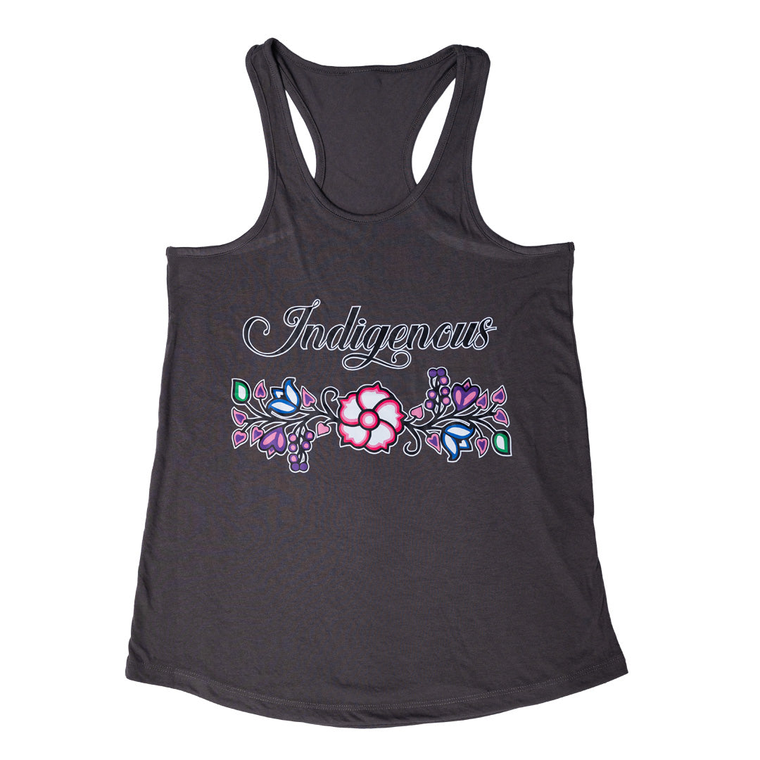 Charcoal tank top with 'Indigenous' and floral designs on a white background