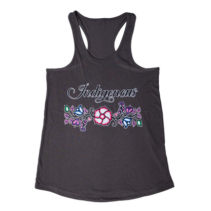 Charcoal tank top with 'Indigenous' and floral designs on a white background