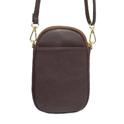 Brown leather crossbody bag with gold zipper on a white background