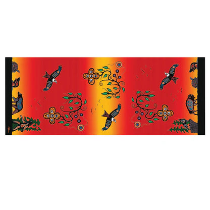 Decorative banner with birds and floral patterns on a red background