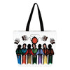 Tote bag with artistic design of people holding hands around a sun, on a white background.