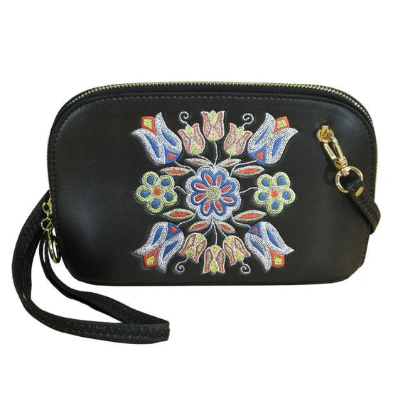 Black wristlet with colorful floral embroidery on a white background