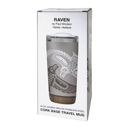 Cork base travel mug packaging with 'Raven' branding on a white background