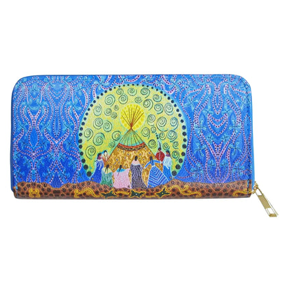Dancing Women Zip-Around Wallet featuring vibrant art by Métis Artist Leah Dorion, celebrating women and community.