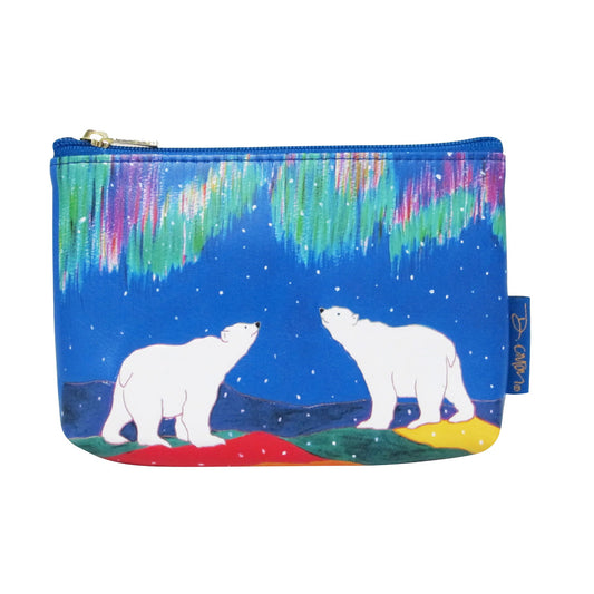 Pouch with polar bears and aurora borealis design on a white background