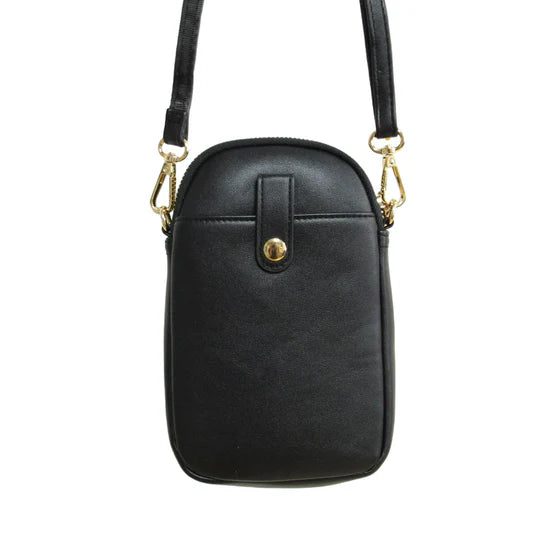 Black leather crossbody bag with gold accents on a white background
