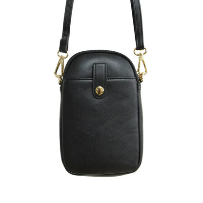 Black leather crossbody bag with gold accents on a white background