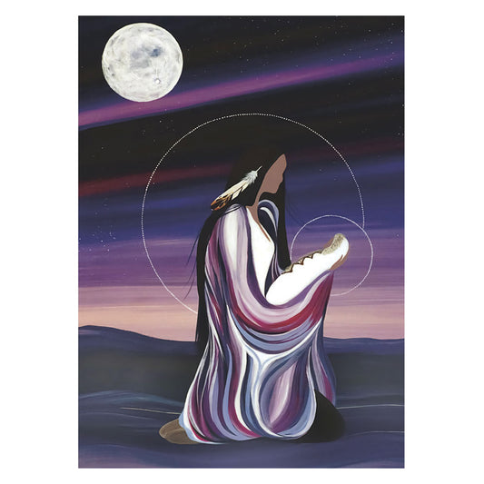 Artistic depiction of a figure in a colorful robe holding a child under a moonlit sky.