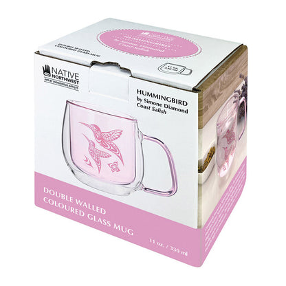 Double-walled colored glass mug with pink design in packaging, featuring Native Northwest branding.