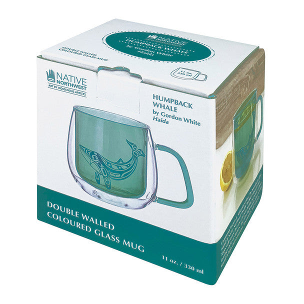 Double-walled colored glass mug packaging with Humpback Whale