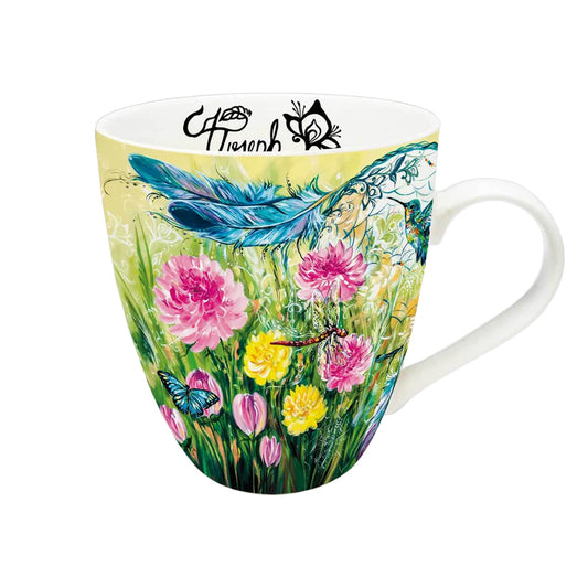 Mug with fairy and floral design on a white background