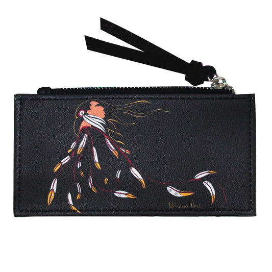 Black pouch with a colorful design of a woman and feathers on a white background