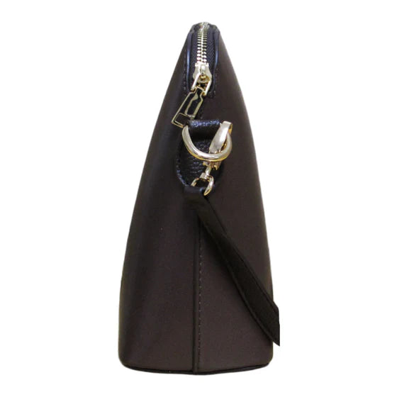 Black handbag with a gold zipper on a white background