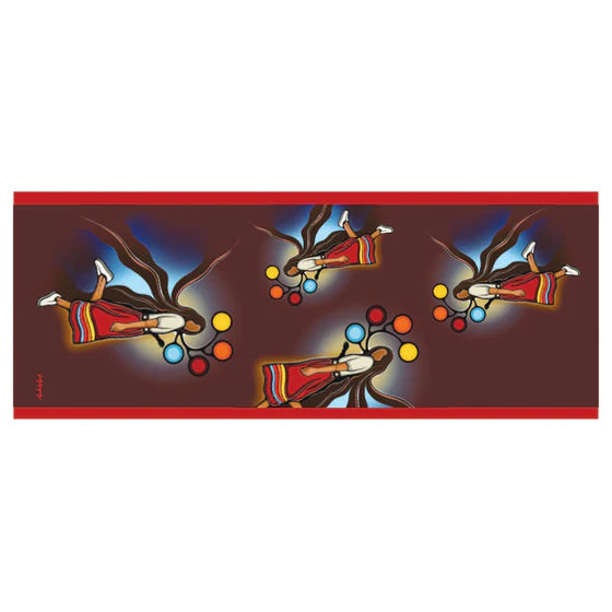 Artistic depiction of a figure with outstretched arms and colorful circles on a red background