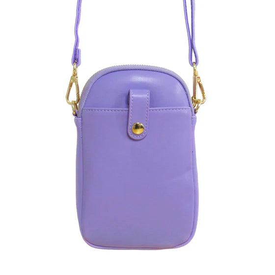 Purple crossbody bag with gold accents on a white background