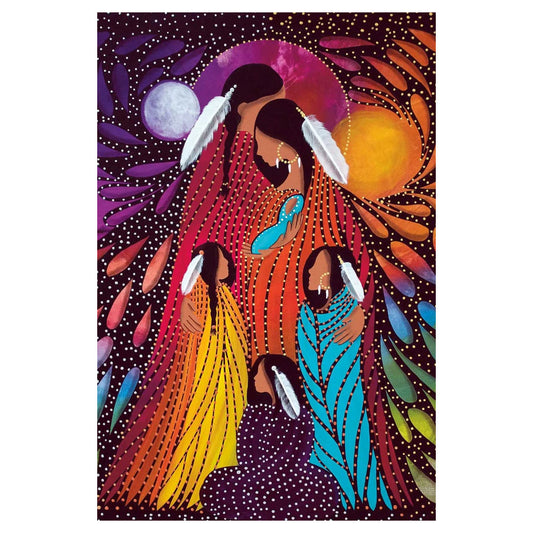 Colorful artwork of four women with headdresses against a starry night sky.