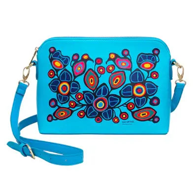 Flowers & Birds Art Bag featuring vibrant Ojibwa artwork on a blue synthetic leather surface.