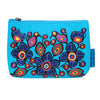Blue pouch with colorful floral design on a white background