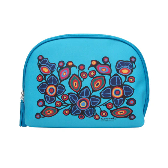 Blue cosmetic bag with colorful floral design on a white background
