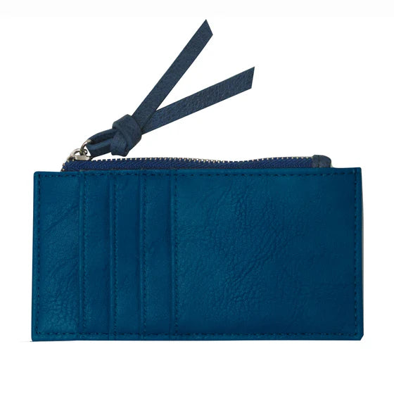Blue leather wallet with a zipper on a white background