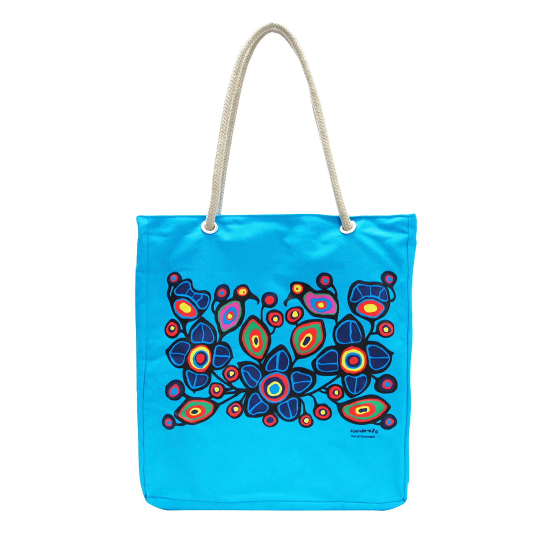 Blue tote bag with colorful abstract design on a white background
