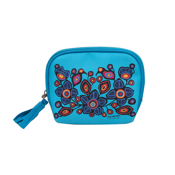 Blue pouch with colorful floral design on a white background