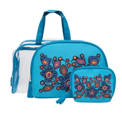 Flowers and Birds Cosmetic Bag Set in blue with colorful floral designs, including a large and small bag.