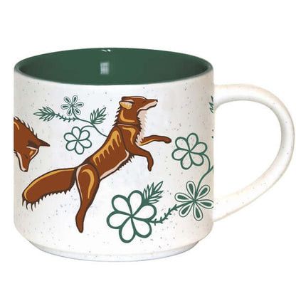 Ceramic Mug - Foxes featuring Indigenous artwork with speckled exterior and glossy green interior.