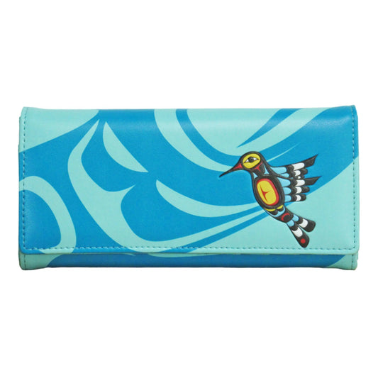 Blue wallet with a bird design on a white background