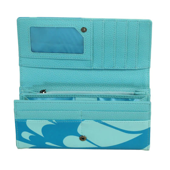 Blue wallet with whale design on a white background