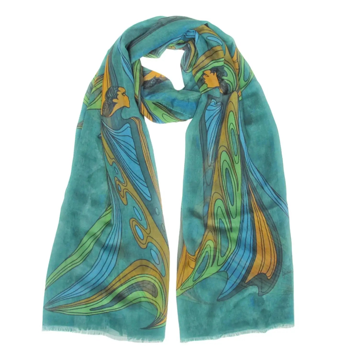 Friends eco-scarf with Indigenous art styled around mannequin neck