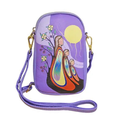 Gift From Creator Phone Bag featuring vibrant artwork by Anishinaabe artist Emily Kewageshig.