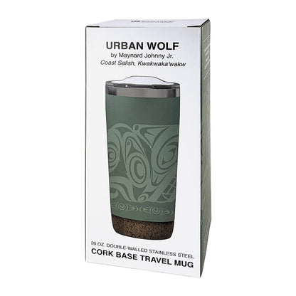 Green travel mug with cork base packaging featuring 'Urban Wolf' branding.