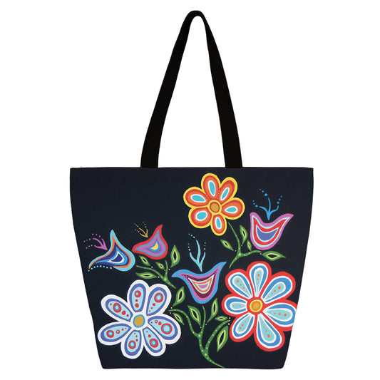 Black tote bag with colorful floral designs on a white background