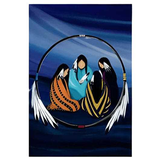 Artistic depiction of three figures inside a hoop with feathers against a blue background